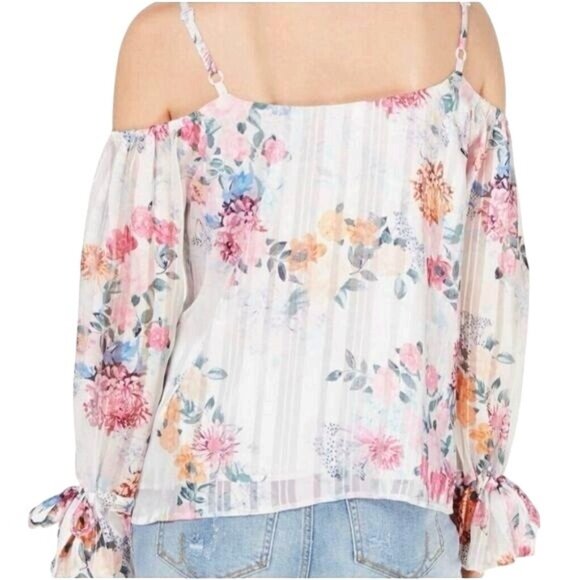 INC Floral International Concepts Cold Shoulder Blouse Sheer Long Sleeves Medium - Picture 2 of 15